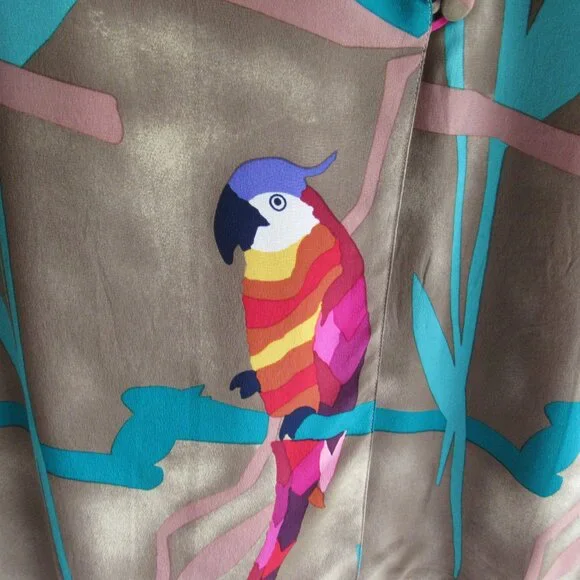 100% Silk Shirt Top Blouse M Vintage 80s Tropical Bird Parrots Ann May Wrap - Picture 4 of 11